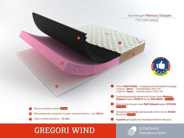 Матрас Roll Matratze Memory Schaum Gregori Wind | Интернет-магазин Гипермаркет-матрасов.рф